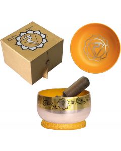 Cuenco Tibetano Chakra Nuevo Plateado Latón Amarillo con caja, anillo y palillo 